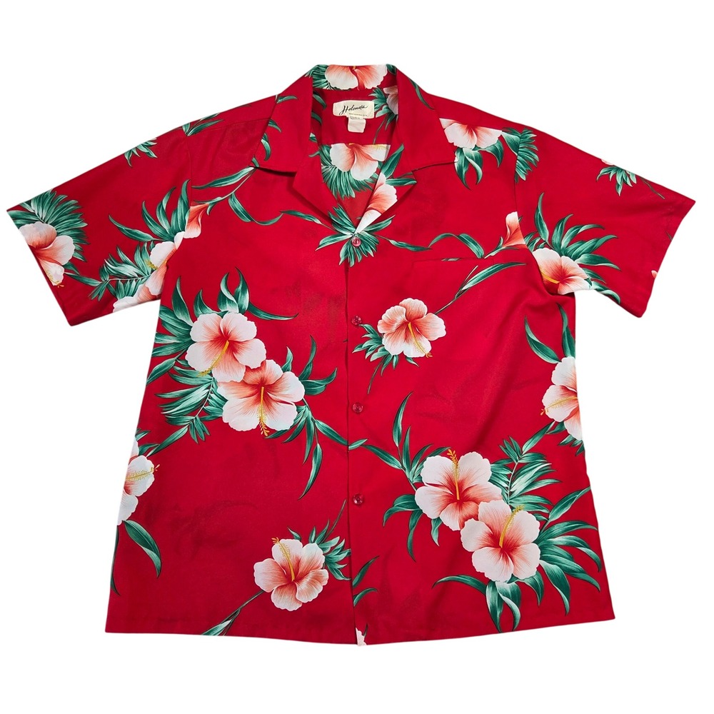 Helenas Red Hibiscus Floral Hawaiian Shirt Mens XL Made Hawaii Aloha Camp Beach
